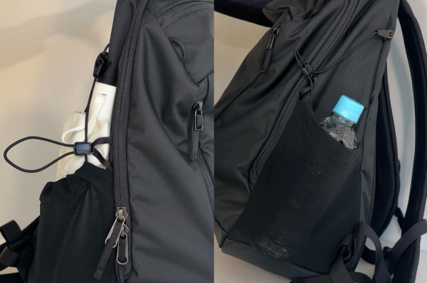 両側のメッシュポケットは調節可能!