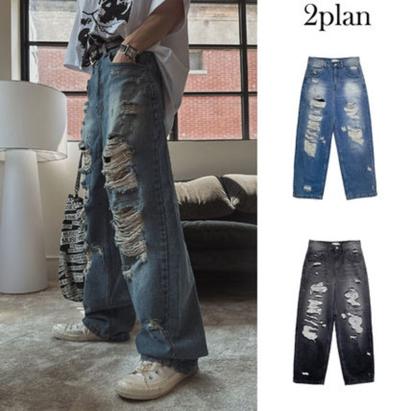【2plan】Funky Damage Wide Denim Pants