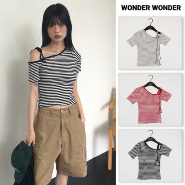 【WONDER WONDER】Sor Unbal Striped Ribbon One Shoulder S/S T