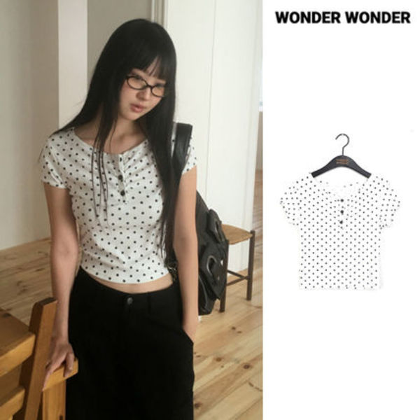 【WONDER WONDER】Addie Dot Button Shirring Short Sleeve T