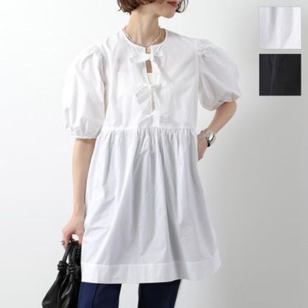 GANNI ワンピース COTTON POPLIN TIE STRING MINI DRESS