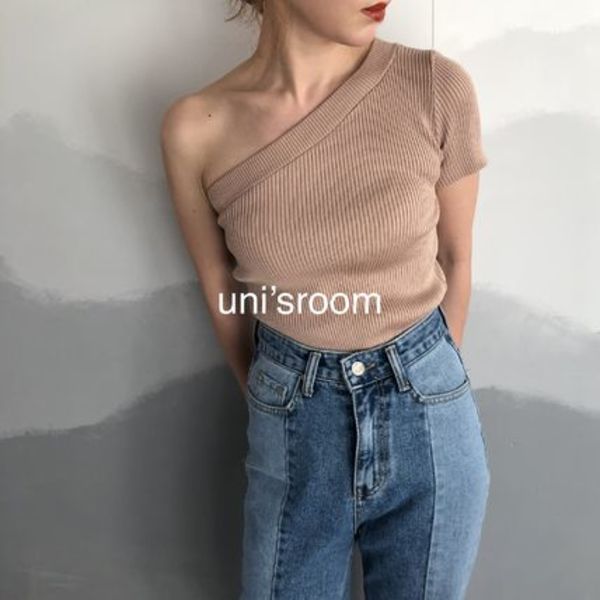 uni's room■4色 絶対必須のワンショルダー!リブ 半袖ニットT