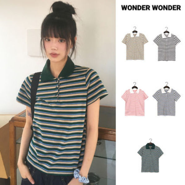 【WONDER WONDER】Nama Stripe PK Collar Short Sleeve T-Shirt