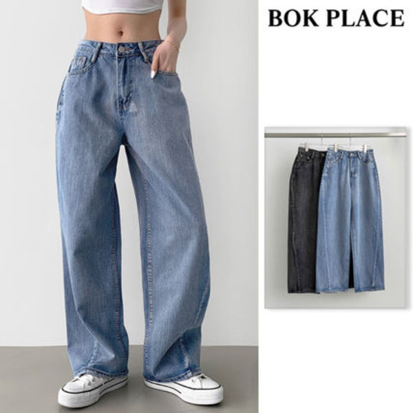 【BOK PLACE】Hip Incised Semi Baggy Wide Fit Denim Pants