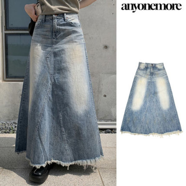 【Anyone more】Haul Damage Washing Denim Long Skirt