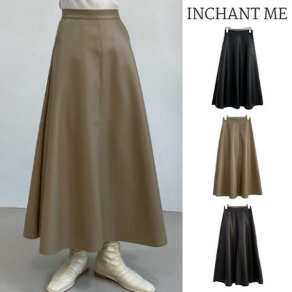 【INCHANT ME】Leather high-waist flared long skirt
