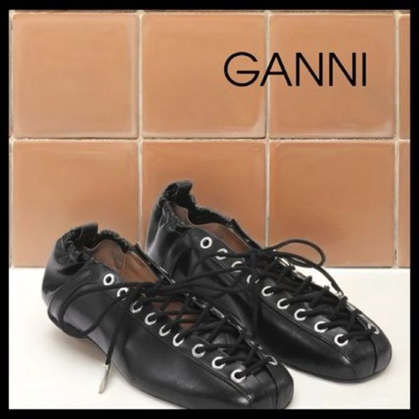 【GANNI】Black Oleatex Lace-Up バレリーナ シューズ
