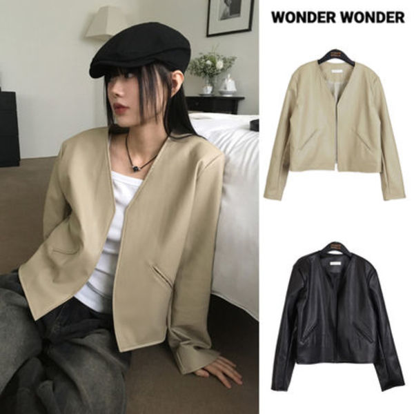 【WONDER WONDER】Tf No Collar V Short Leather Jacket