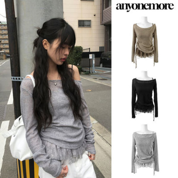 【Anyone more】Perky Off-Shoulder Lace Mesh Knit N/S Set