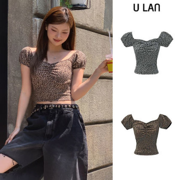 【U LAN】Leopard shirring puff off-shoulder short sleeve