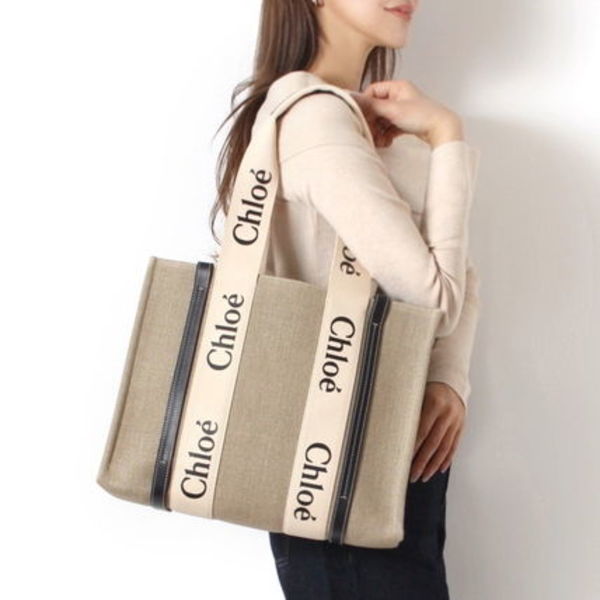 クロエ Chloe WOODY ミディアム プリントロゴ トートバッグ