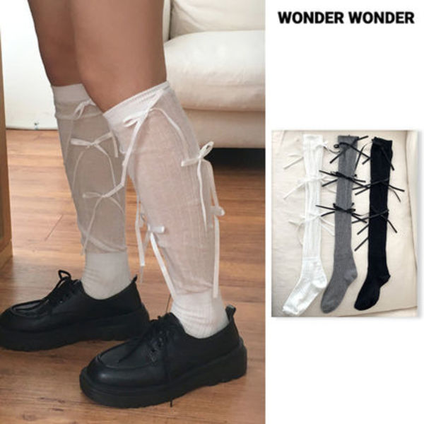 【WONDER WONDER】Ribbon Ribbed See-Through Nnee Socks