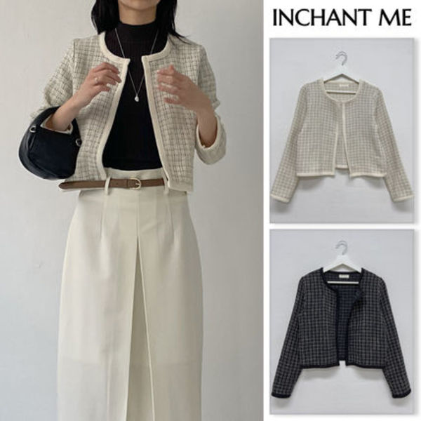 【INCHANT ME】Fence color matching tweed crop cardigan