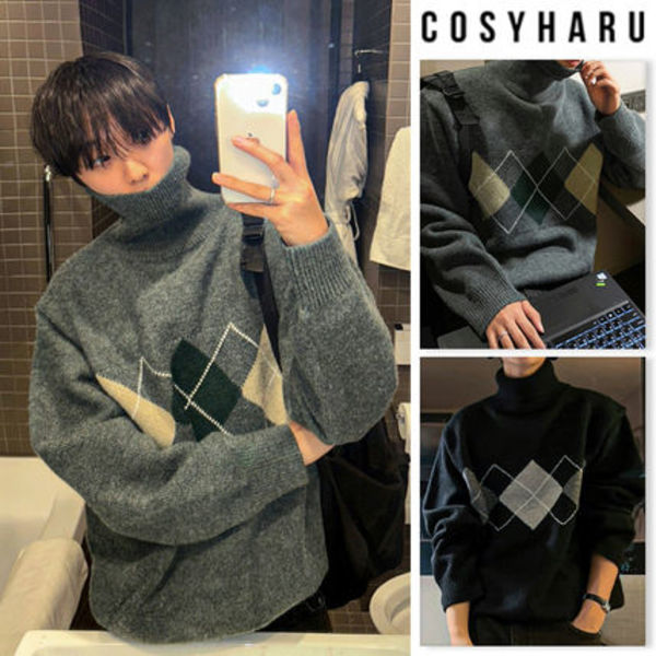 【COSYHARU】Argyle turtleneck knit