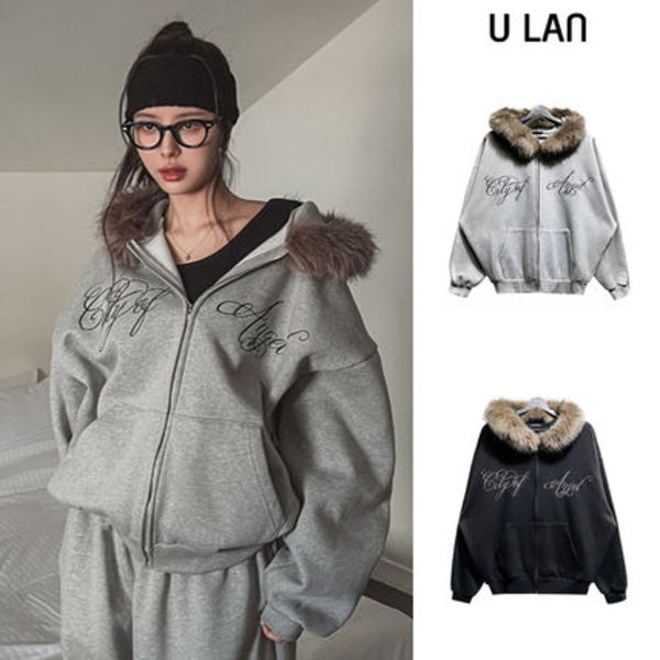 【U LAN】Ravi brushed fur lettering hood zip-up