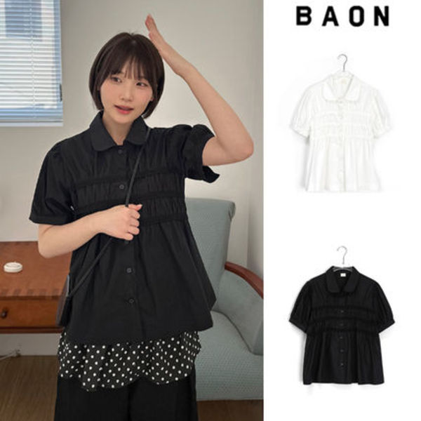 【BAON】Yante Shirring Lace Short Sleeve Shirt