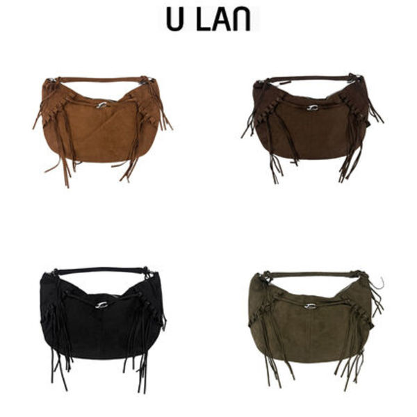 【U LAN】Suede Buckle Fringe Shoulder Bag