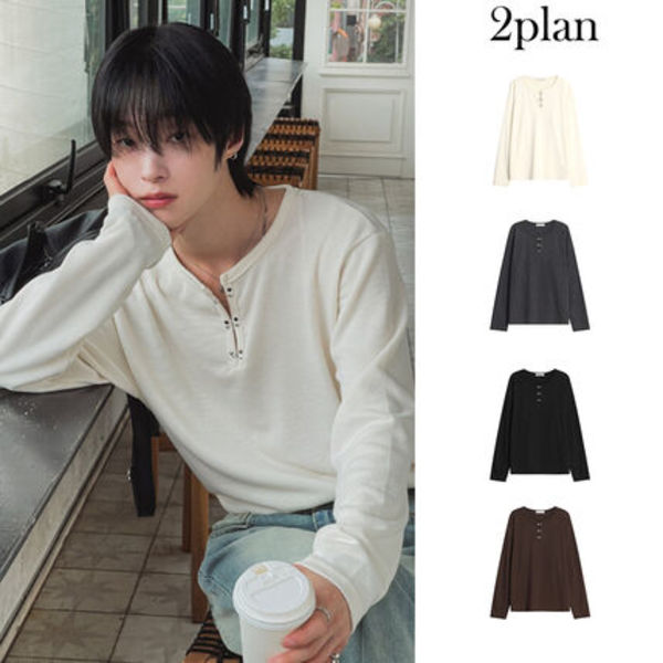 【2plan】Rocky Hook Henley Neck Long Sleeve T-Shirt