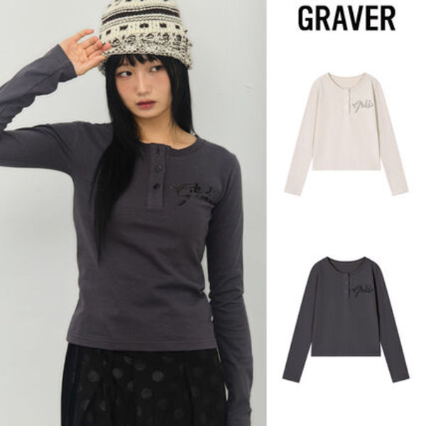 【GRAVER】25FW★ WINGS Henley Neck Long Sleeve T-Shirt
