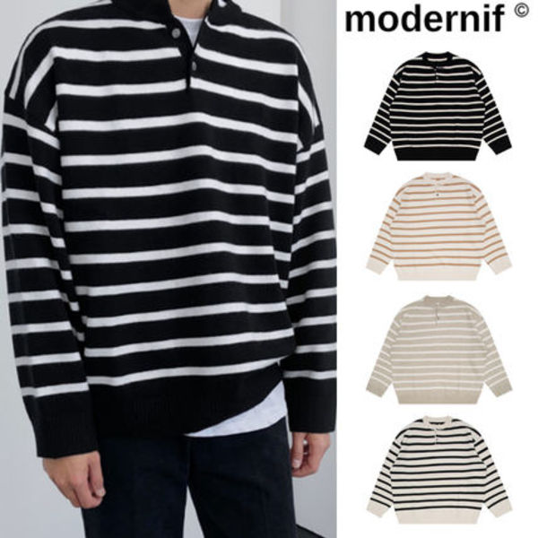 【MODERNIF】Fuzz Stripe Henley Neck Knit