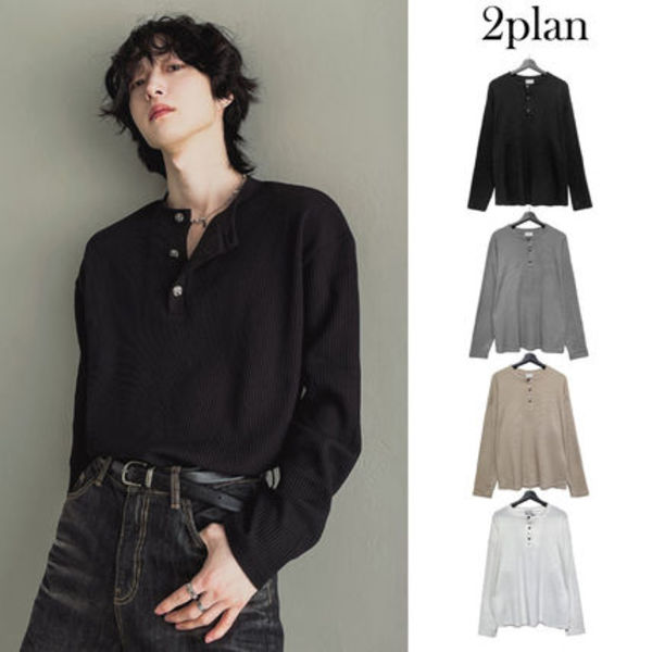【2plan】Pressure rib button warmer long sleeve t-shirt