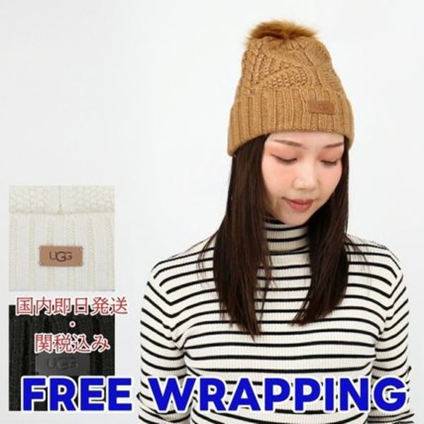 ■UGG 100819 W CABLE BEANIE WITH POM ロゴ ニット帽