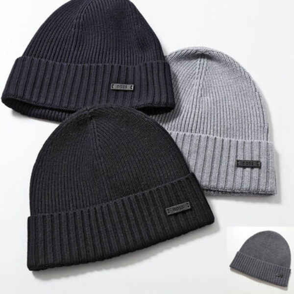 HUGO BOSS  ニット帽 BLACK 50495306 リブニット ロゴ
