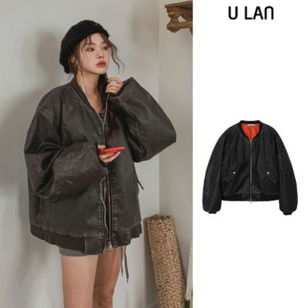 【U LAN】Crackle Washed Padding Flight Jumper