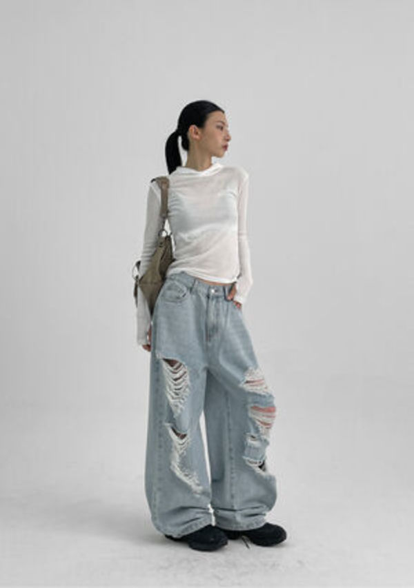 BLACKUP ポーセリンダメージバックバンディングデニムパンツ