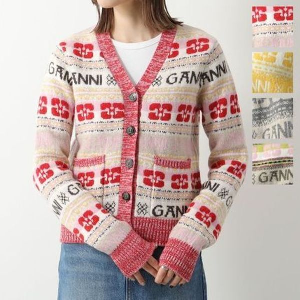 GANNI ニット カーディガン Logo Wool Mix Cardigan Vネック
