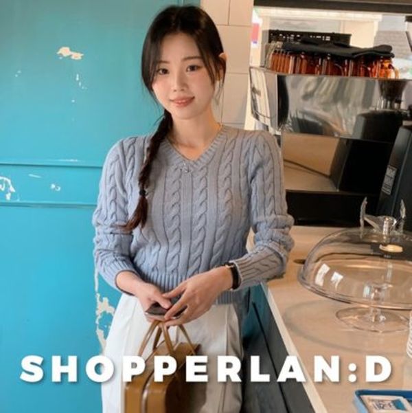 [S-L] Vネックケーブルコットンニット (11color)