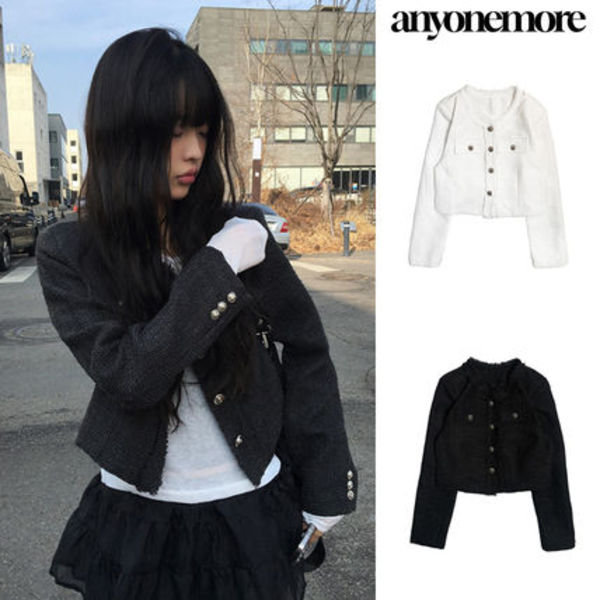 【Anyone more】Noke Button Tweed Crop Jacket