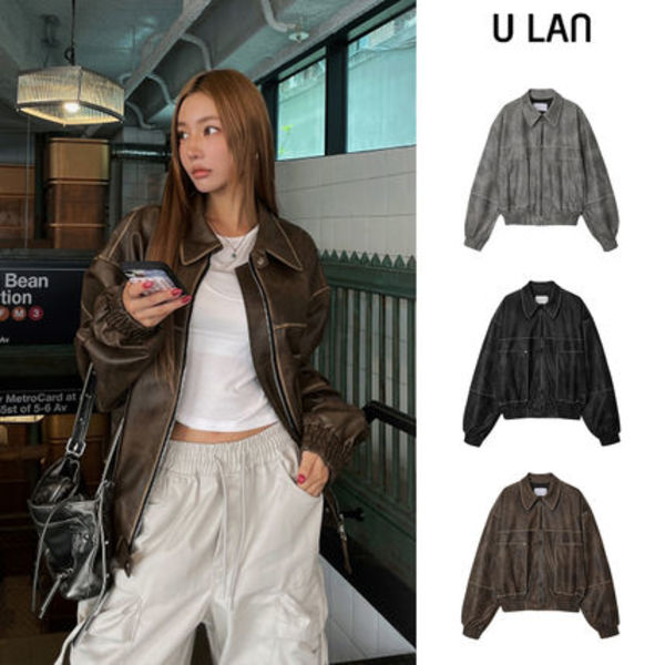 【U LAN】fade crack washed balloon leather jacket