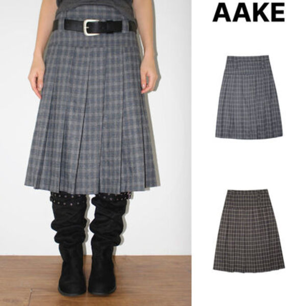 【AAKE】(WOOL) CHECK PLEATS MIDI SKIRT
