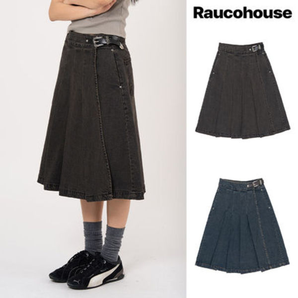【Raucohouse】Belted pleated denim midi skirt