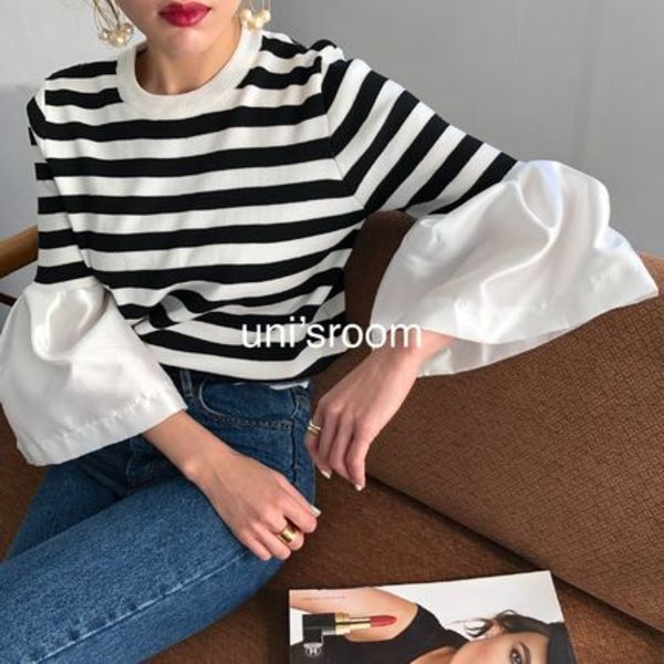 韓国■3色 袖ふんわり広がる!異素材ミックス ニットTシャツ