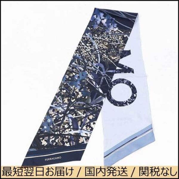 FERRAGAMO スカーフ ネイビー シルク 総柄