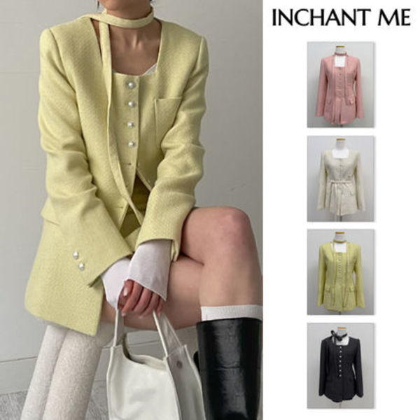 【INCHANT ME】[Tie SET] Scone Tweed Square Neck Half Jacket