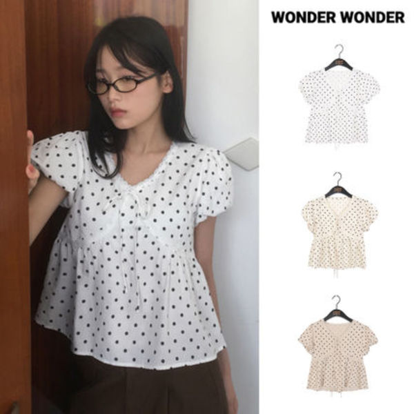 【WONDER WONDER】Newon Dot Lace Ribbon Short Sleeve Blouse