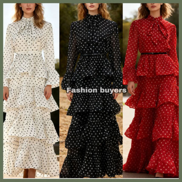 ワンピース ドット柄 ティアードフリル エレガント ロングドレス