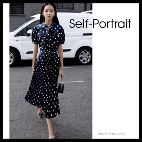 【Self-Portrait】Navy Polka Dot Satin Midi Dress リボン 水玉
