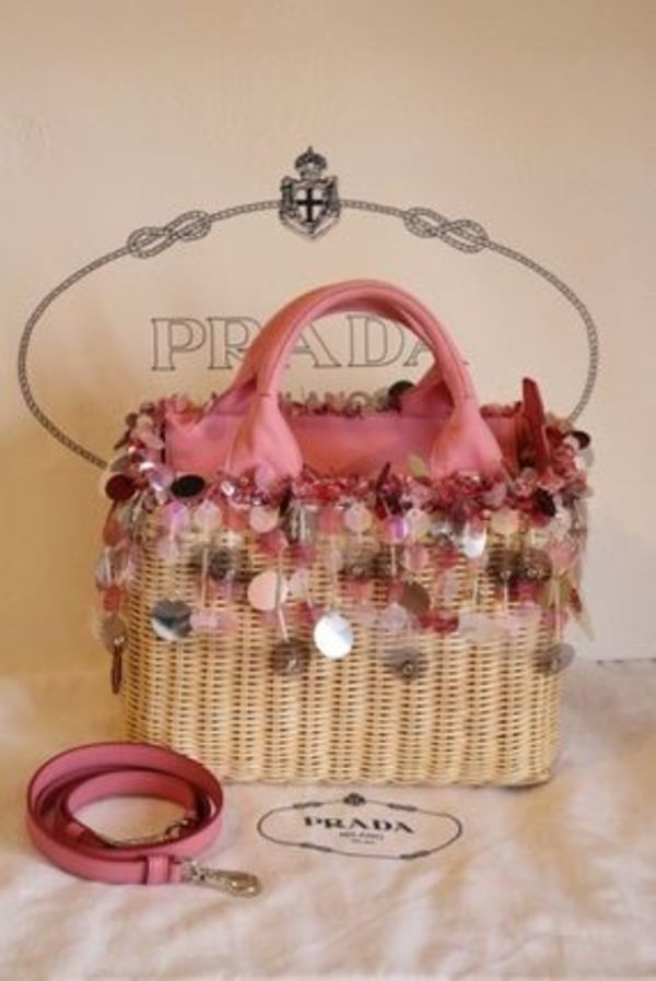 PRADAミニかごバッグ2way★ストロー編み×カナパ☆ビーズ付き
