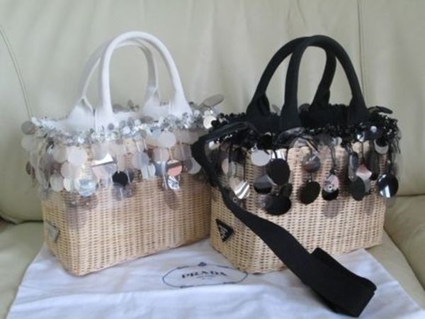 PRADAミニ新かごバッグ2way★ストロー編み×カナパ☆ビーズ付き