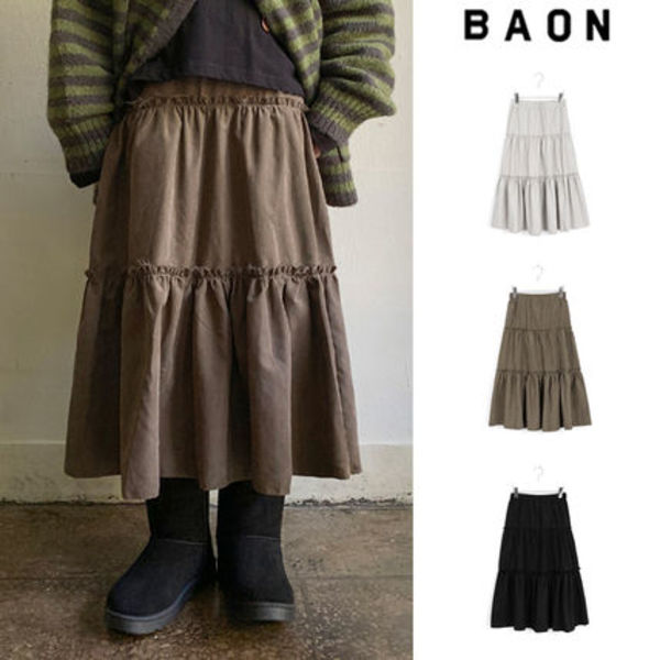 【BAON】Kobaco Frill Suede Banding Long Skirt
