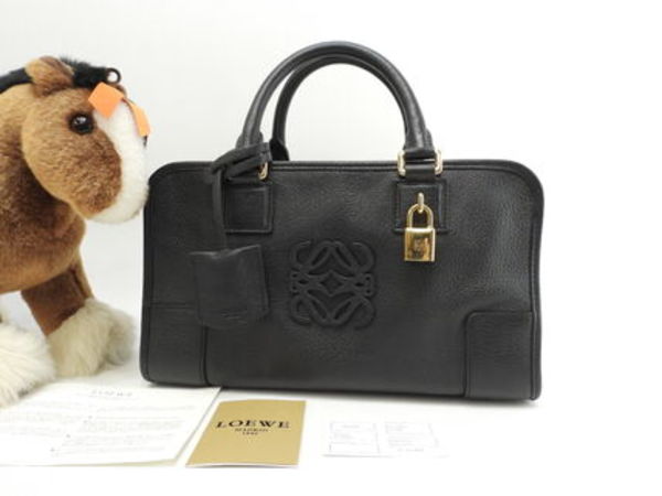 ロエベ アマソナ28 型押レザー 黒 ハンドバッグ ゴールド金具