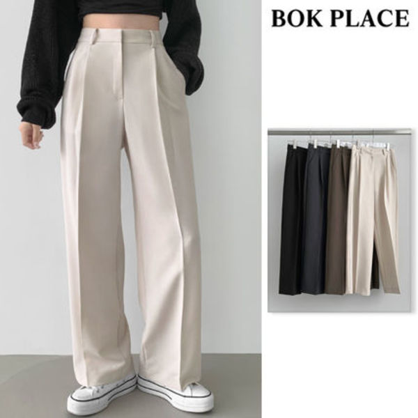 【BOK PLACE】Clip Rayon Blend Span Pin Tuck Wide Slacks PT