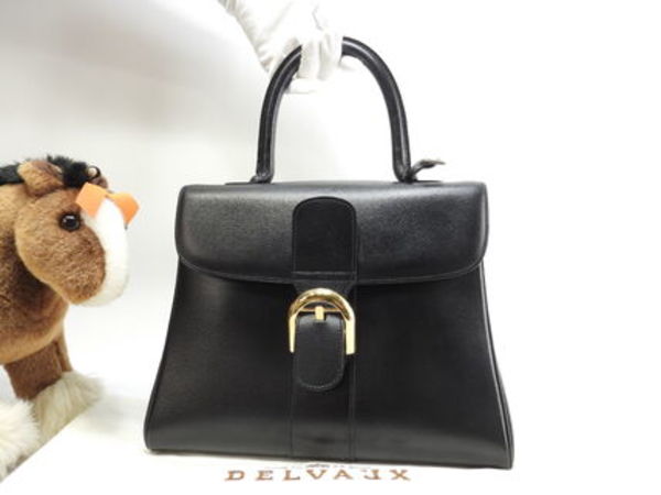 デルボー ブリヨンMM 型押レザー黒 ゴールド金具 ハンドバッグ