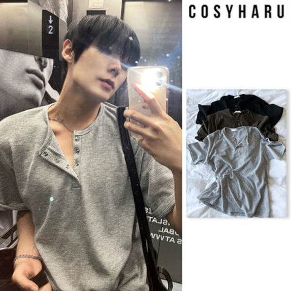 【COSYHARU】Rashkan waffle henley neck short sleeves