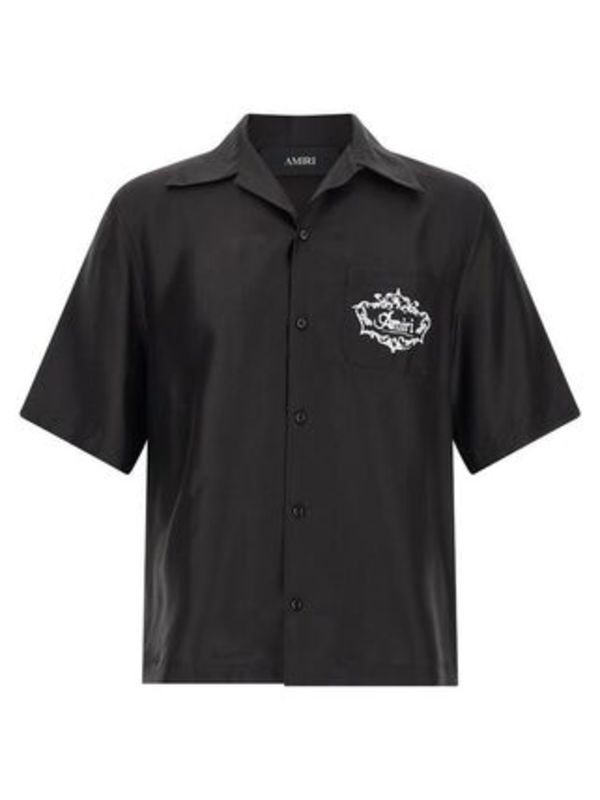 AMIRI ブラックシルクボタン半袖シャトークレストキャンプシャツ