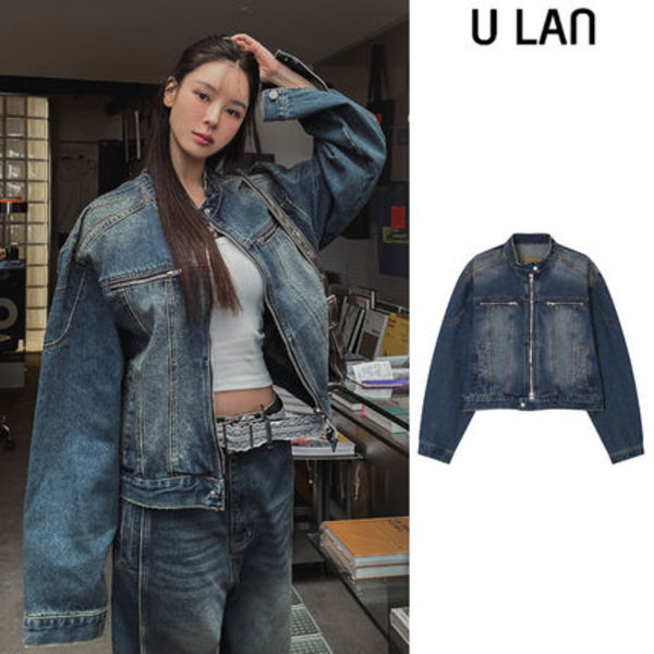 【U LAN】Ocean Washing Stitch Biker Denim Jacket